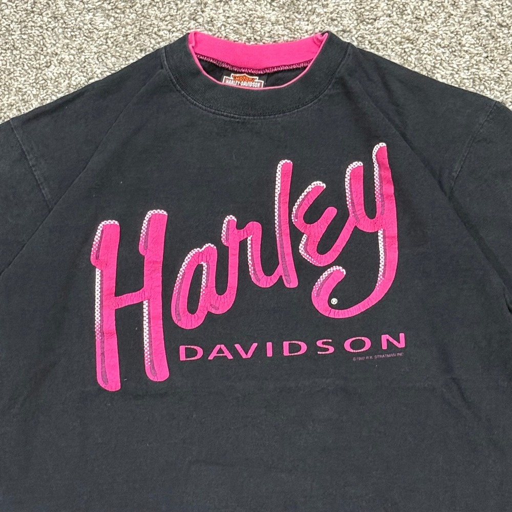 Vintage 90s Harley Davidson T-Shirt Pink Logo Single Stitch Size Large Al Muth